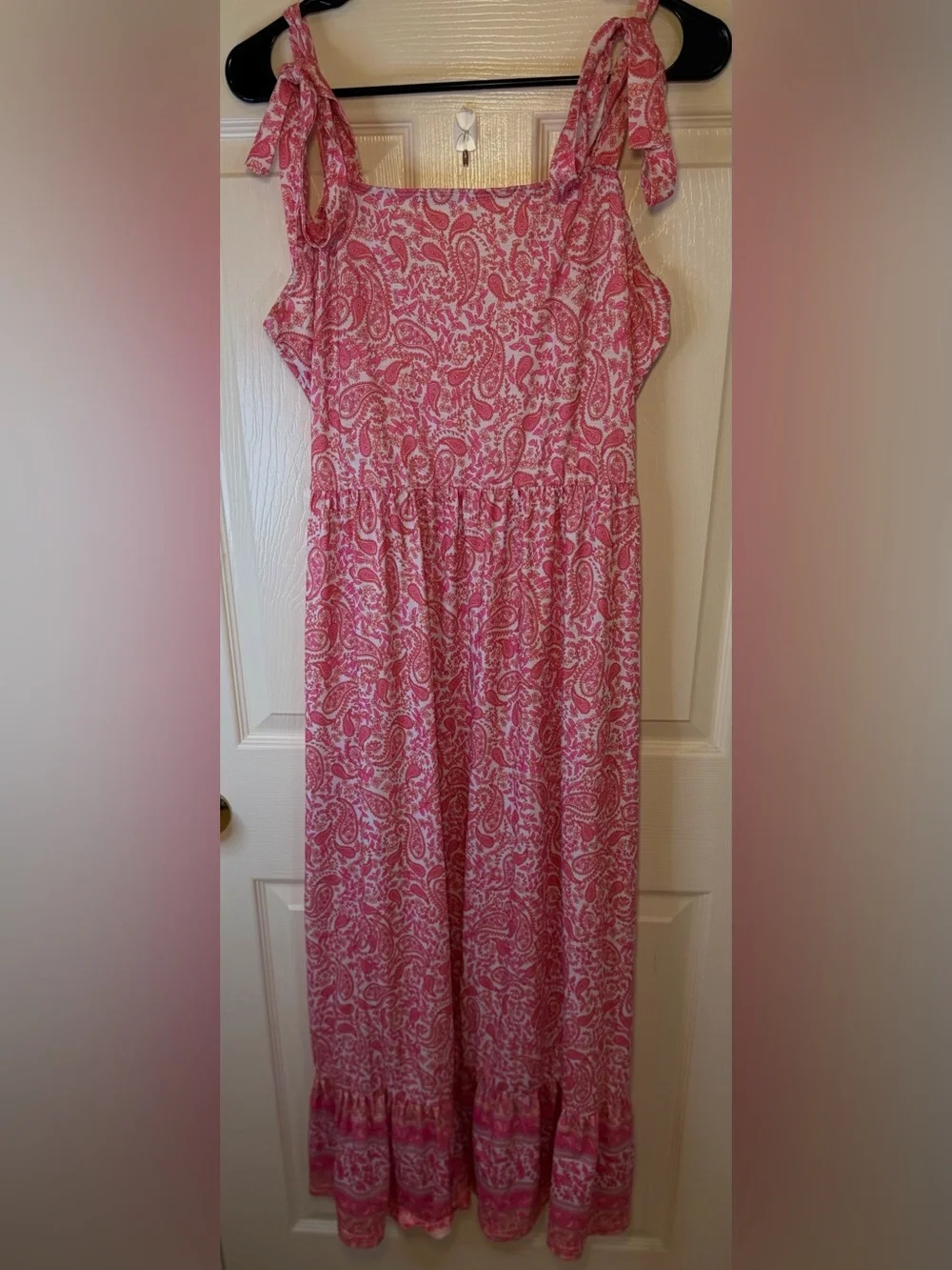 Pink Paisley Tie Shoulder Ruffle Maxi Dress